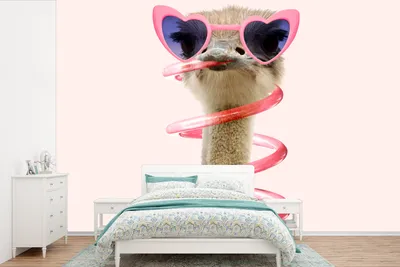 Produktbild von MuchoWow® Fototapete für Wohnzimmer oder Schlafzimmer Wandtapete Vinyl Motivtapete Strauß - Sonnenbrille - Rosa - Tiere - 360x240 cm - Vinyl-Tapete