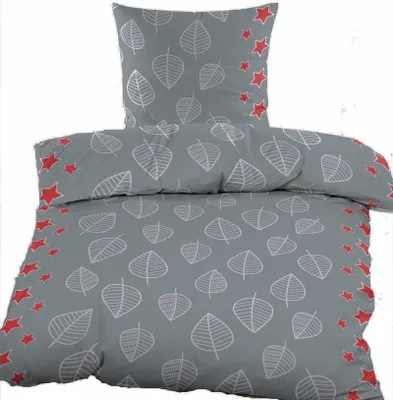 Produktbild von Biber Winter Bettwäsche 135 x 200 + 80x80 cm, grau rot silber, Blätter+Sterne, 100% Baumwolle