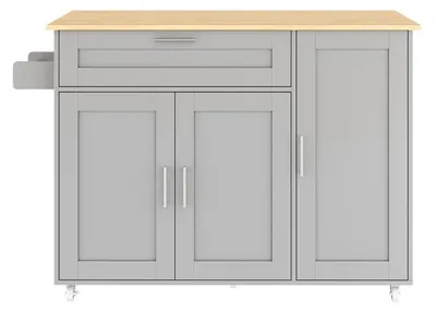 Image de Îlot de cuisine mobile - Chariot de cuisine sur roulettes - 132,5 x 44/70 x 90 cm - Plan de travail rabattable avec espace de rangement pour épices - Porte-serviettes - 5 roulettes - MDF - Gris