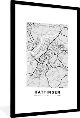 Produktbild von MuchoWow® Gerahmtes Poster Stadtplan - Hattingen - Karte - Deutschland 60x90 cm - Poster mit Schwarzem Bilderrahmen Wandposter Rahmen Foto Bilder - Dekoration - Wandposter Wohnzimmer - Hochwertig