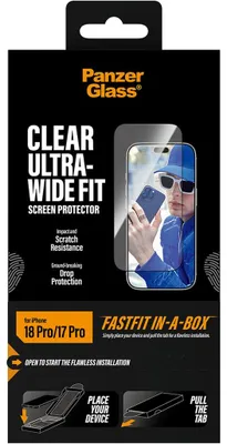 Zdjęcie produktu dla PanzerGlass ® Screen Protector iPhone 18 Pro | 17 Pro | Ultra-Wide Fit w. FASTFIT IN-A-BOX, Apple - iPhone 18 Pro, Apple - iPhone 17 Pro, Aplikacja na sucho, Odporny na zadrapania, Odporny na wstrząsy, Przezroczysty, 1 szt.
