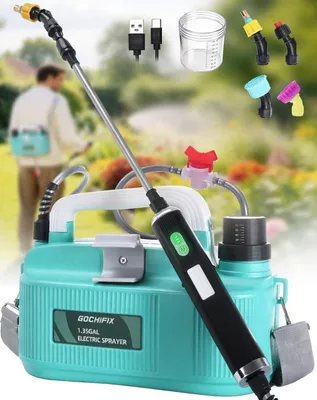 Produktbild von GOCHIFIX Elektrischer Gartensprüher 5L Akku Drucksprüher USB Wiederaufladbar mit 4 Düsen Teleskoplanze Schultergurt Blau für Garten Pflanzen Rasen