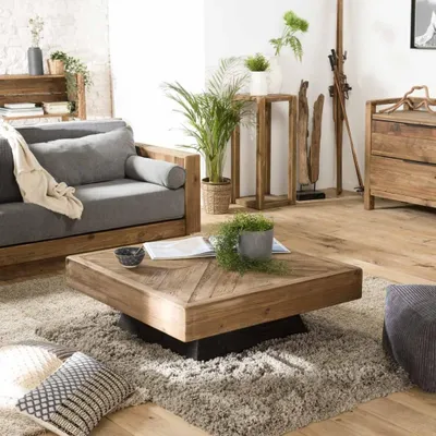 Produktbild von SANDY – Quadratischer Couchtisch, 99,5 x 99,5 cm, aus recyceltem braunem Kiefernholz