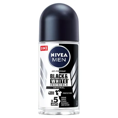 A product shot of a Nivea Men Black & White Invisible Original antiperspirant roll-on.