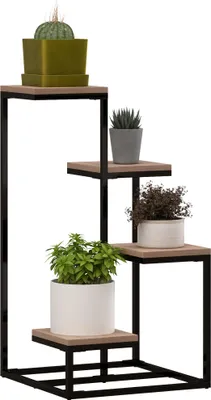 Produktbild von Pflanzenregal, Blumenregal aus Metall und Holz, 4 Ebenen in verschiedenen H?hen, Industriestil, 40 x 40 x 75,5 cm