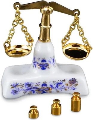 Produktbild von Miniaturwaage mit Messinggewichten Zwiebel Gold – Porzellan