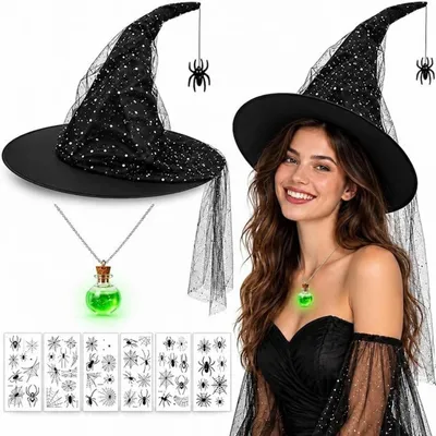 Produktbild von Hutset Hexenhut schwarz mit Spinnenanhänger, Standardgröße, für Halloween