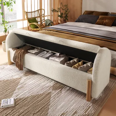 Produktbild von Flieks Sitztruhe mit Stauraum, Sitzbank Ottomane mit Hydraulischem Stauraum, Fußhocker Sitzhocker 186x47x61 cm, Bouclé, Weiß