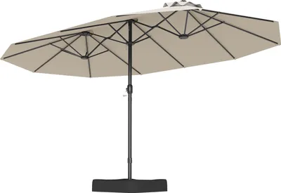 A double patio umbrella with a black pole and base, and beige canopy, shown against a white background.