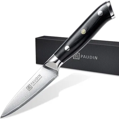 Zdjęcie produktu dla PAUDIN C7 Damast Nóż do warzyw 9 cm – japońska stal, 67 warstw, ostry jak brzytwa, ergonomiczna rękojeść G10, profesjonalny nóż kuchenny