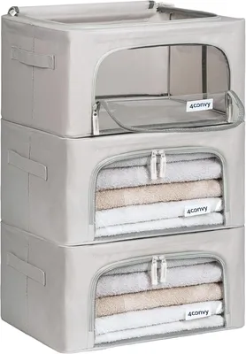 Image de Boîtes de rangement en métal, capacité 24 litres, lot de 3, empilables, avec fenêtre transparente, pliables, idéales pour les chambres