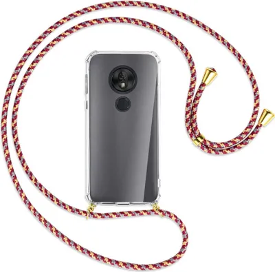 Produktbild von Handykette Backcover-Schutzhülle mit Band (Metall goldfarben) für Motorola Moto G7 Play - weinrot/gelb/grau