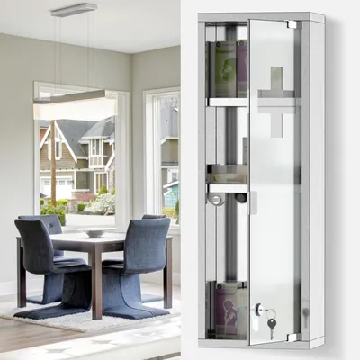 Produktbild von Medizinschrank Edelstahl abschließbar, Arzneischrank gehärtetes Glas, Erste-Hilfe-Schrank, Silber | 20x12x58 cm | 3 Fächer | 2 Schlüssel