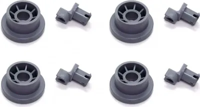 Four dishwasher basket rollers are arranged in two rows of two.