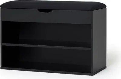 A black shoe cabinet with a padded seat on top, shown against a white background.