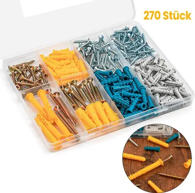 Produktbild von 270-teiliges Montageset mit Kunststoffdübeln – 135 Dübel + 135 Schrauben in 5 Längen für Heimwerkerprojekte & Wandbefestigungen