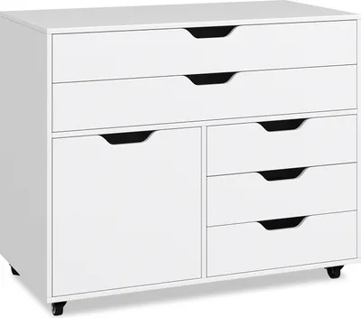 Image de COSTWAY Commode à 5 tiroirs avec porte, commode mobile à 5 roulettes, classeur latéral à roulettes et support d'imprimante, armoire de rangement blanc
