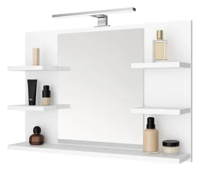 Produktbild von Badspiegel mit 5 Ablagen Badezimmerspiegel Spiegel Regal Wandspiegel Hängespiegel Badmöbel Spiegel Flurspiegel für Schlafzimmer Weiß 80X50 LED LAMPE