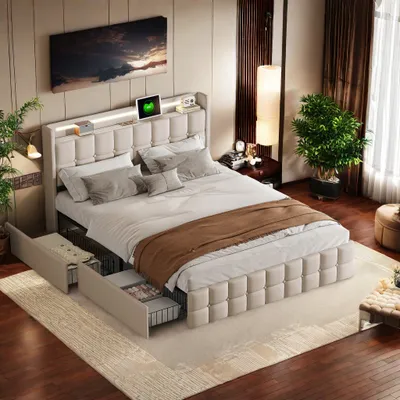 Zdjęcie produktu dla UnboxG łóżko tapicerowane 160x200cm z USB i gniazdkami, łóżko młodzieżowe dwuosobowe z 4 szufladami, łóżko do przechowywania z litego drewna z LED/typ C i stelażem z listew, pościel