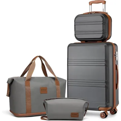 Productafbeelding van Reiskoffer set, 4-delig, inclusief handbagagekoffer (55 cm), toilettas, reistas en opbergzak, grijs/bruin, ABS harde schaal, TSA-slot