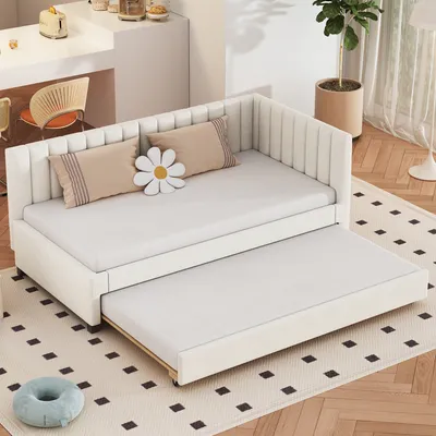 Produktbild von okwish Schlafsofa Daybett 90x200cm mit Ausziehbarem Unterbett 90x190cm und Lattenrost, Tagesbett Kinderbett Jugendbett aus Holz(Ohne Matratze)- Beige