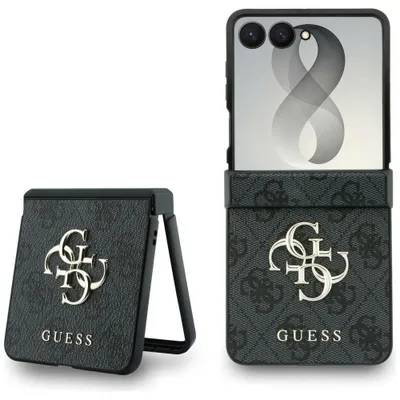 Immagine prodotto di Custodia Guess per Galaxy Z Flip 8, in ecopelle, colore grigio, con grande logo dorato