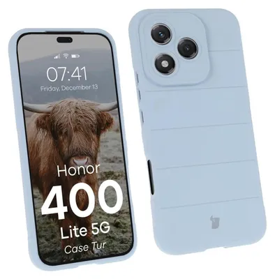 A light blue phone case is shown next to a phone displaying a picture of a Highland cow and product information.