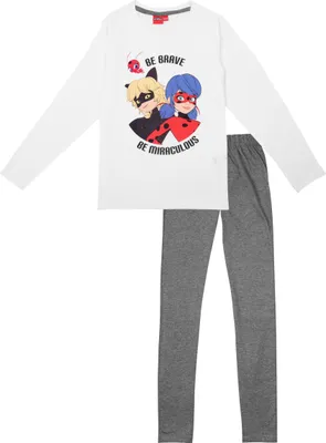 Produktbild von United Labels Miraculous Schlafanzug für Mädchen - Ladybug Kinder Pyjama Set Langarm Oberteil mit Hose Weiß/Grau 134/140
