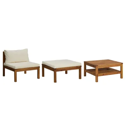 Produktbild von 3-tlg. Garten-Lounge-Set mit Cremeweißen Kissen Akazienholz