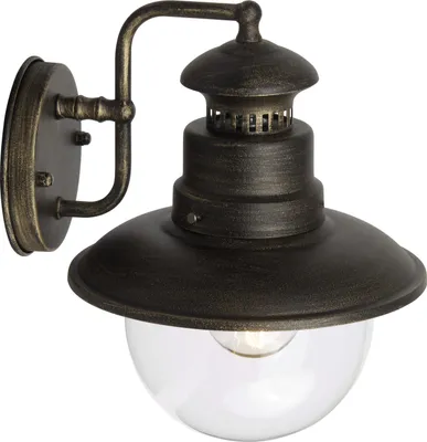 A rustic-style outdoor wall lamp with a black and gold brushed finish and a clear glass globe.