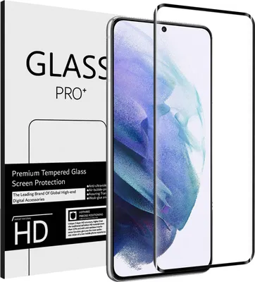 A product packaging box for a screen protector is shown next to a smartphone with a screen protector applied.