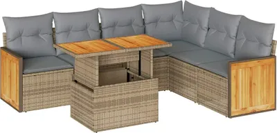 Produktbild von 7-tlg. Garten-Sofagarnitur mit Kissen Beige Poly Rattan Akazie