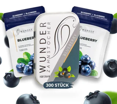 Produktbild von Wunder Zahnstocher mit Geschmack - 300er Vorratspack Blaubeere - anhaltender Geschmack - frischer Atem - gegen Nägelkauen - Alternative zu Kaugummi