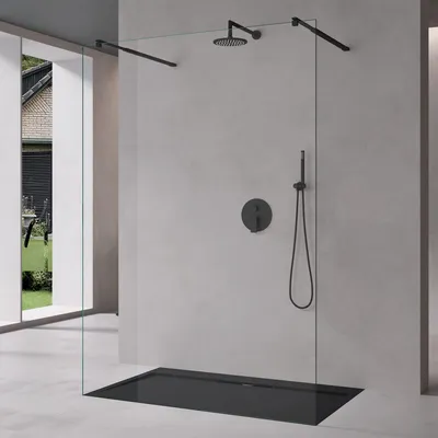 Produktbild von Mai & Mai Duschwand Duschabtrennung 2 Schwarze Haltestange für Walk-In Dusche 140cm 10mm Klarglas ESG-Sicherheitsglas mit Nanobeschichtung Bremen02K+2