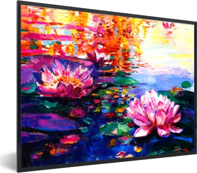 Produktbild von MuchoWow® Gerahmtes Poster Gemälde - Öl - Seerose - Wasser 80x60 cm - Poster mit Schwarzem Bilderrahmen Wandposter Rahmen Foto Bilder - Schwarzem - Mit Gestell