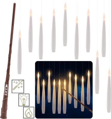 A wand and a set of hanging LED candles are displayed, with smaller icons illustrating features.