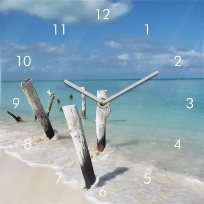 Produktbild von Wanduhr Glas 20x20cm Meer Strand Urlaub Uhr Glasbild Insel Wandbild Maritim Deko