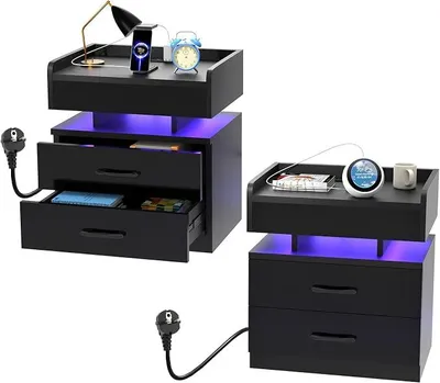 Obrázek produktu pro Sada dvou nočních stolků s LED osvětlením, noční stolek se zásuvkami a USB porty, se 3 zásuvkami, noční stolek s osvětlením v 16 barvách, vhodný do obývacího pokoje nebo ložnice, černý