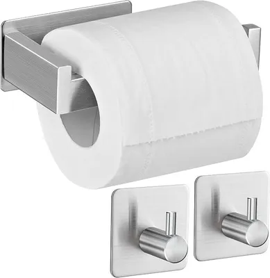 Produktbild von PolkaHome® Toiletpapierhalter ohne Bohren, selbstklebend, Edelstahl, WC-Halter mit 2 Handtuchhaken für Küche und Bad, Silber