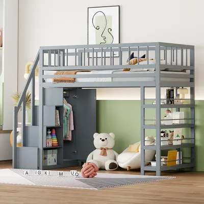 Produktbild von Fortuna Lai Hochbett 90 x 200, Hochzaun-Sicherheitsdesign mit Kleiderschrank, Regalen und Stauraum mit Sicherheitskletterleiter, Multifunktionsbett, Massivholzbett, Grau