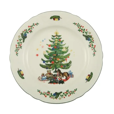 A Christmas-themed plate with a decorated tree and toys.