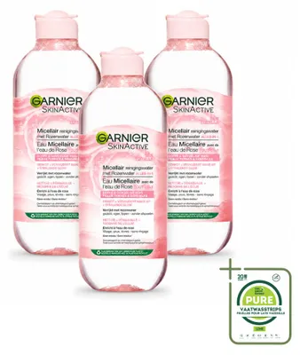 Immagine prodotto di 3 flaconi di Garnier SkinActive Acqua Micellare Detergente con Acqua di Rose, 400 ml - Confezione grande - 3 pezzi