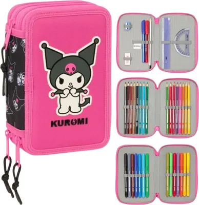 Produktbild von Safta | Federmäppchen Kuromi - 3 Kammern - Schwarz-Rosa - Mit Zubehör - Stylisch und Praktisch