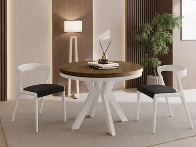 Produktbild von Runder Esstisch Ausziehbar 80-130 cm – Verlängerbar, für 4-6 Personen mit Weißen Holzbeinen & Metallring – Tisch für Wohnzimmer & Esszimmer in Eiche Braun Rustikal