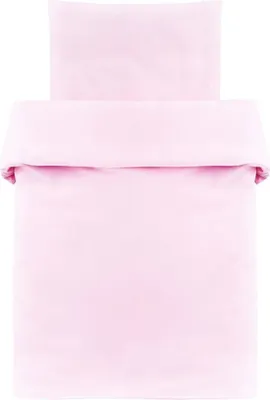 A pink duvet cover and pillowcase set, neatly folded.