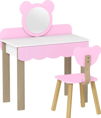 Produktbild von Frisiertisch-Set mit Hocker für Kinder, Schminkspiegel, Bärchenform, Schublade, MDF, Rosa