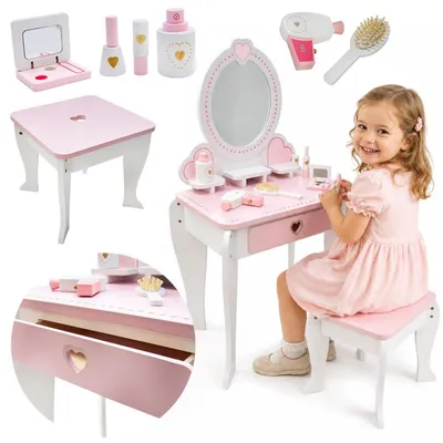 Produktbild von 4iQ Kinder-Schminktisch Kinga aus Holz mit Spiegel, Hocker und Zubehör, Rosa/Weiß