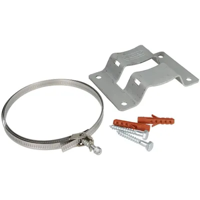 A set of mounting hardware for expansion vessels, including a metal strap, a bracket, screws, and wall plugs, laid out on a white background.