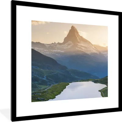 Produktbild von MuchoWow® Gerahmtes Poster Matterhorn und Stellisee bei Sonnenuntergang im Wallis, Schweiz 40x40 cm - Poster mit Schwarzem Bilderrahmen Wandposter Rahmen Foto Bilder - Poster - Plakat im Rahmen