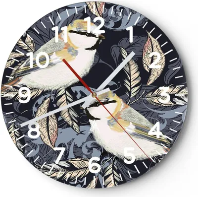 Produktbild von Wanduhr - Rund - Glasuhr - Vögel Blätter Ornament - 30x30cm - Schleichendes Uhrwerk - Lautlos - zum Aufhängen bereit - Dekoration Modern - Wanddekoration aus Glas - C4AR30x30-4408
